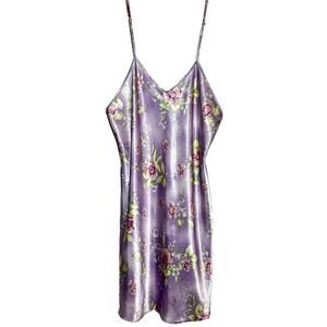 Vintage Dentelle Satin Slip Dress Chemise Nightgown Floral Purple Medium